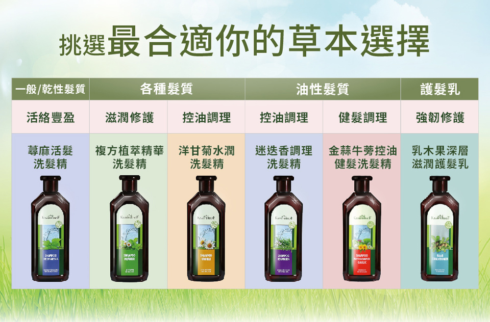 挑選最合適你的草本選擇一般/乾性髮質各種髮質油性髮質護髮乳活絡豐盈滋潤修護控油調理控油調理健髮調理強韌修護蕁麻活髮洗髮精複方植萃精華洗髮精洋甘菊水潤洗髮精調理洗髮精金蒜牛蒡控油健髮洗髮精乳木果深層滋潤護髮乳