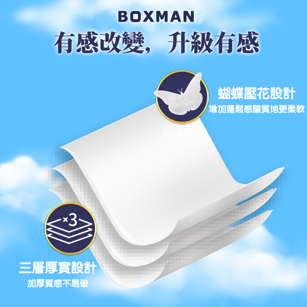 BOXMAN有感改變,升級有感蝴蝶壓花設計增加蓬鬆感讓質地更柔軟3三層厚實設計加厚質感不易破蝴蝶壓花