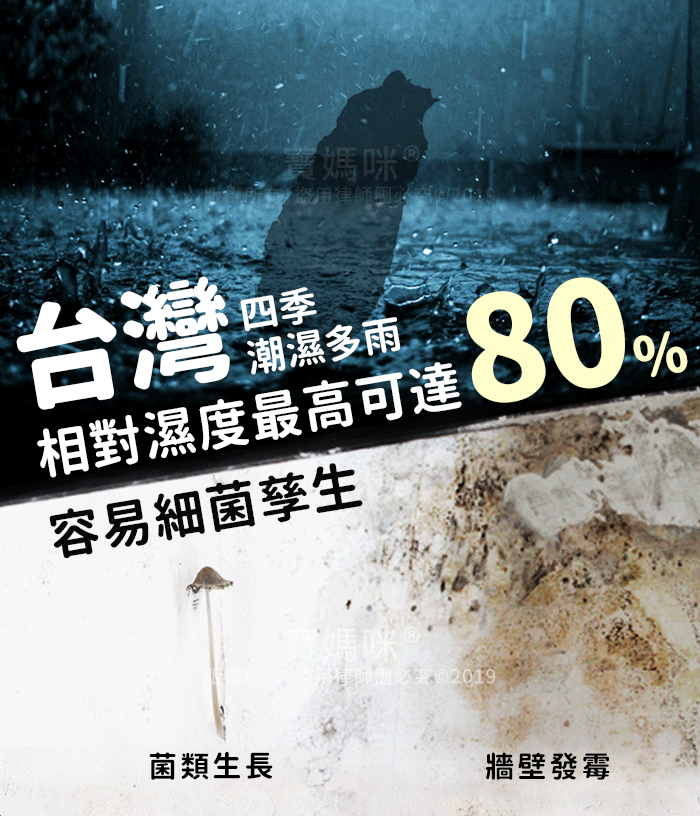 媽咪 盜律師四季台灣 潮濕多雨相對濕度最高可達80%容易細菌孳生菌類生長媽咪用律師必究©2019牆壁發霉