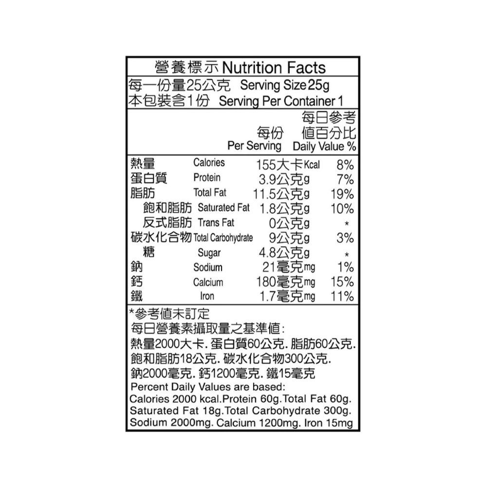營養標示 Nutrition Facts每一份量25公克 Servin Size 25g本包裝含1份 Serving Per Container 1每日參考每份 百分比熱量CaloriesPer Serving Daily Value%155大卡Kcal 8%蛋白質Protein39公克g7%脂肪Total Fat115公克g 19%飽和脂肪 Saturated Fat反式脂肪 Trans Fat18公克g10%0公克g碳水化合物 Total Carbohydrate9公克g 3%糖Sugar4.8公克g鈉Sodium21毫克mg1%鈣Calcium180毫克mg15%Iron1.7毫克mg11%* 參考未訂定每日營養素攝取量之基準:熱量2000大卡.蛋白質60公克脂肪60公克.飽和脂肪18公克碳水化合物300公克.鈉2000毫克.鈣1200毫克.鐵15毫克Percent Daily Values are based:Calories 2000 kcal.Protein 60g.Total Fat 60g.Saturated Fat 18g.Total Carbohydrate 300g.Sodium 2000mg. Calcium 1200mg. Iron 15mg
