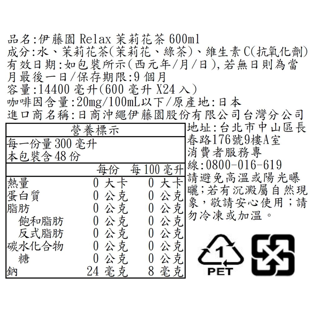 名:伊藤園 Relax 茉莉花茶 600ml成分:水、茉莉花茶(莉花、綠茶)、維生素C(抗氧化劑)有效日期:如包裝所示(西元年/月/日),若無日則為當月最後一日/保存期限:9個月容量:14400 毫升(600 毫升 X24入)咖啡因量:20mg/100mL以下/原產地:日本進口商名稱:日商沖繩伊藤園股份有限公司台灣分公司地址:台北市中山區長春路176號9樓A室消費者服務專每份 每100毫升線:0800-016-6190大卡請避免高溫或陽光曝0公克 ;若有沉澱屬自然現營養標示每一份量300毫升本包裝含 48份熱量0大卡蛋白質0公克象,敬請安心使用;請脂肪0公克0公克飽和脂肪0公克0公克勿冷凍或加溫。反式脂肪0公克0碳水化合物0公克0公克糖0公克0公克鈉24 毫克8毫克PET品
