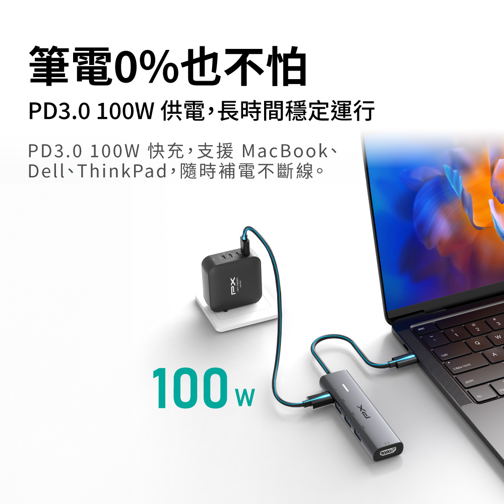 筆電0%也不怕PD3.0 100 供電,長時間穩定運行PD3.0 100W 快充,支援MacBook、Dell、ThinkPad,隨時補電不斷線。100wPX2WA