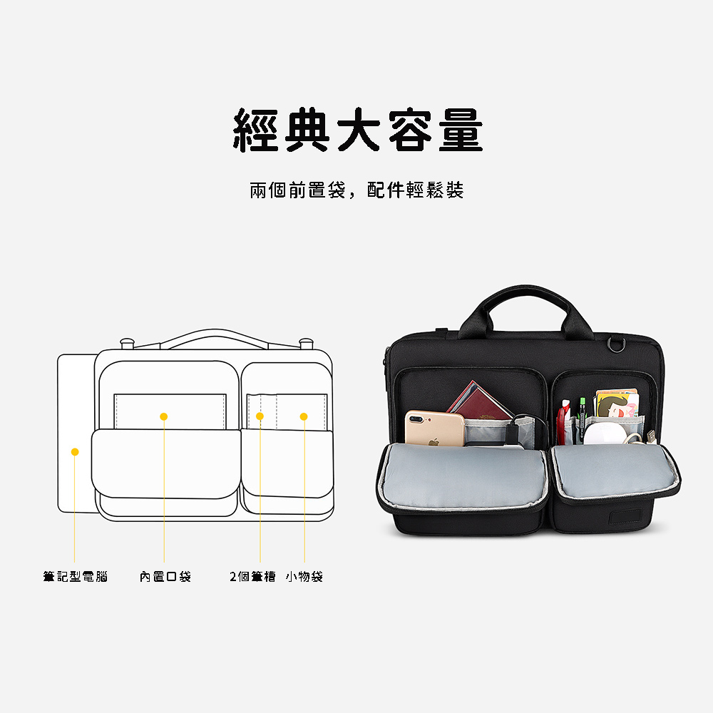 經典大容量兩個前置袋,配件輕鬆裝記型電腦內置口袋2個筆槽 小物袋