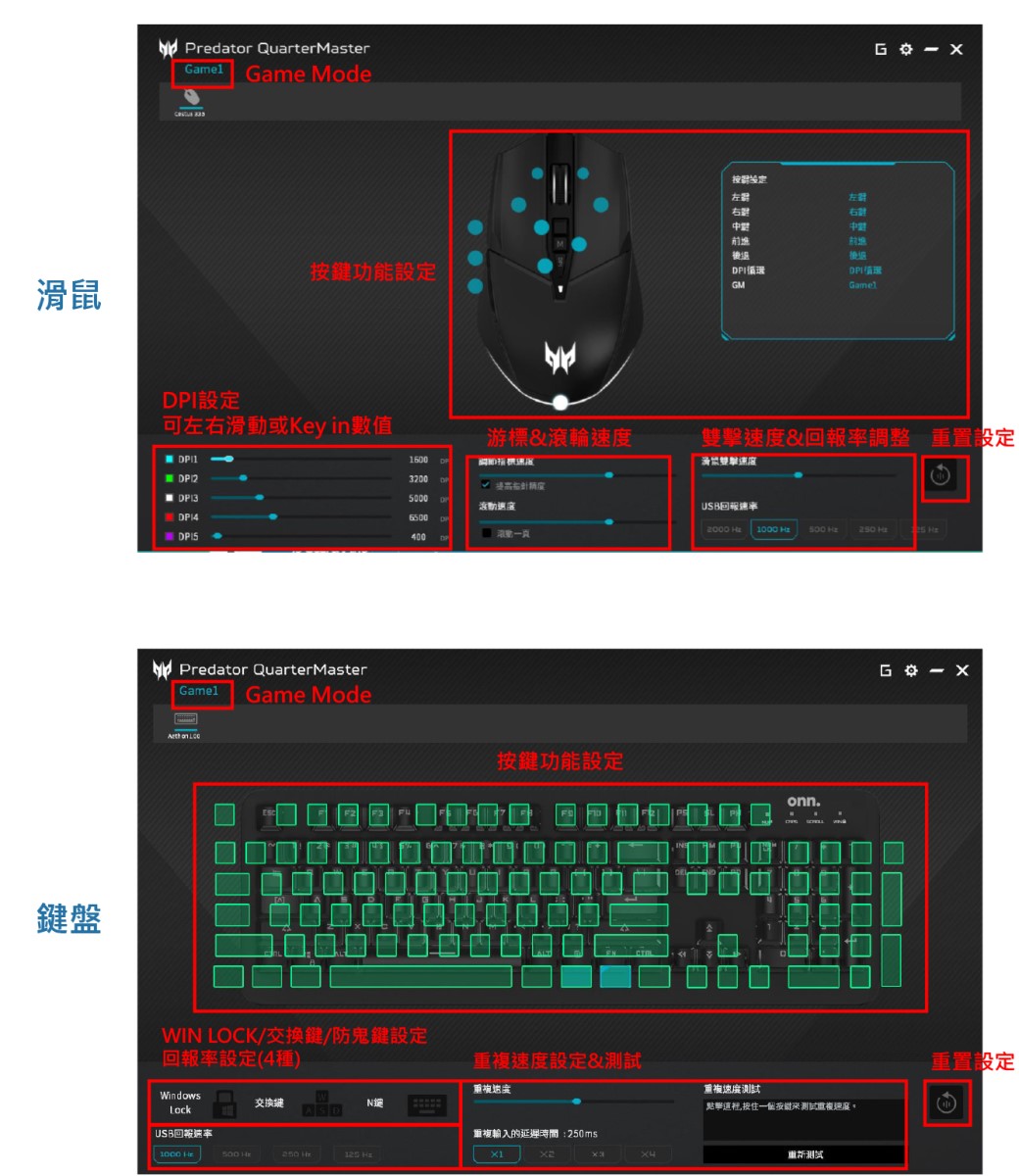 滑鼠Predator QuarterMaster ame Mode設按定左鍵右左鍵右按鍵功能設定I循環GMI可左右滑動或Key in數值| I3| Predator QuarterMasterGamel Game Mode游標&滾輪雙擊&回報率調整 置設定16003200 5000 DP DPUSB回報2000 1000 500  H400DP按鍵功能設定.WI LOCK/交換/防鬼鍵設定回報率設定(4種)複速度設定&測試重速度重速度測試Windows交换NASD點擊這裡,按住一個按鍵測試速度USB回報速率重複輸入的延遲時間250ms1000 500 250 :125 ㄨ重新G重置設定