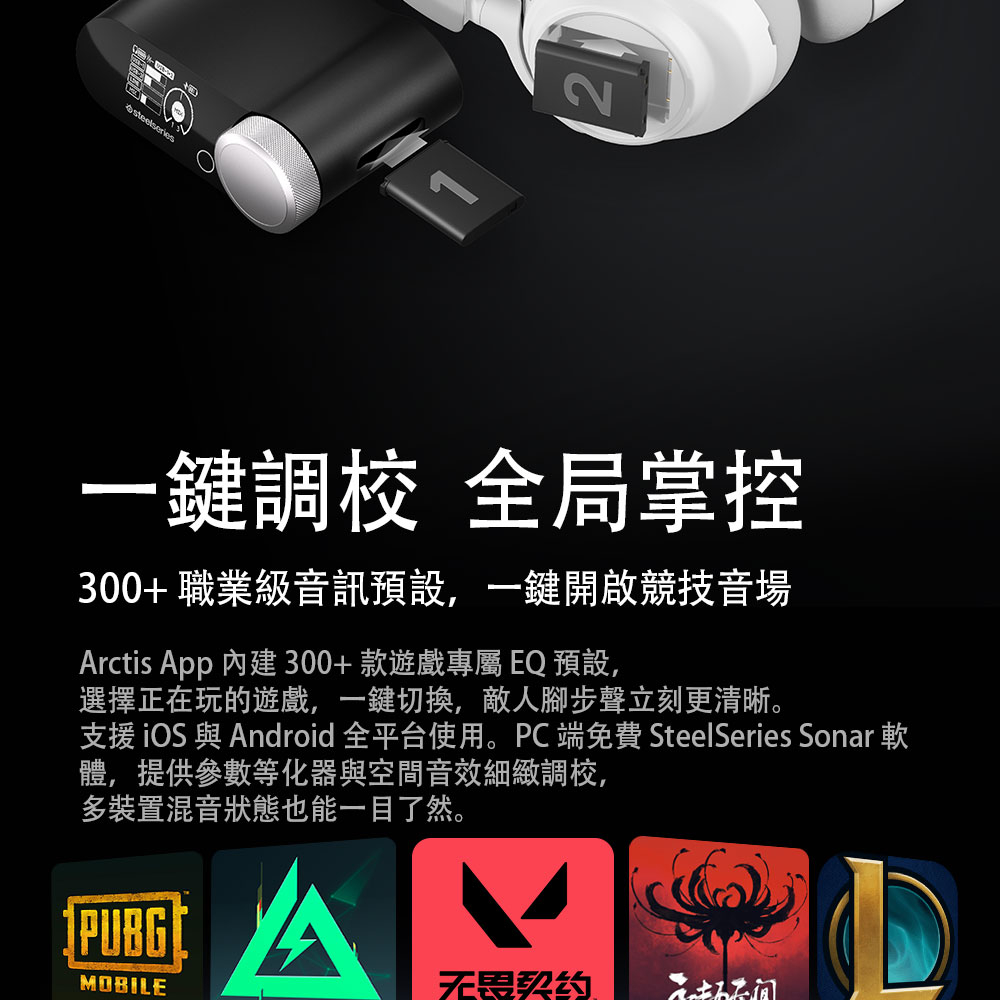 2一鍵調校 全局掌控300+職業級音訊預設,一鍵開啟競技音場Arctis App 內建 300+款遊戲  預設,選擇正在玩的遊戲,一鍵切換,敵人腳步聲立刻更清晰。支援 iOS與Android 全平台使用。PC 端免費 SteelSeries Sonar 軟體,提供參數等化器與空間音效細緻調校,多裝置混音狀態也能一目了然。PUBGMOBILE不畏契约