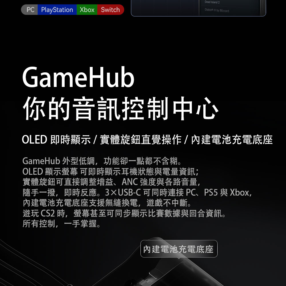 PC PlayStation Xbox SwitchDead Island 2Diablo  by BlizzardGameHub你的音訊控制中心OLED 即時顯示/實體旋鈕直覺操作/電池充電底座GameHub 外型低調,功能卻一點都不含糊。OLED 顯示可即時顯示耳機狀態與電量資訊;實體旋鈕可直接調整增益、ANC 強度與各路音量,隨手一撥,即時反應。3USB-C 可同時連接 PC、PS5 與Xbox,內建電池充電底座支援無縫換電,遊戲不中斷。遊玩 CS2 時,螢幕甚至可同步顯示比賽數據與回合資訊。所有控制,一手掌握。內建電池充電底座