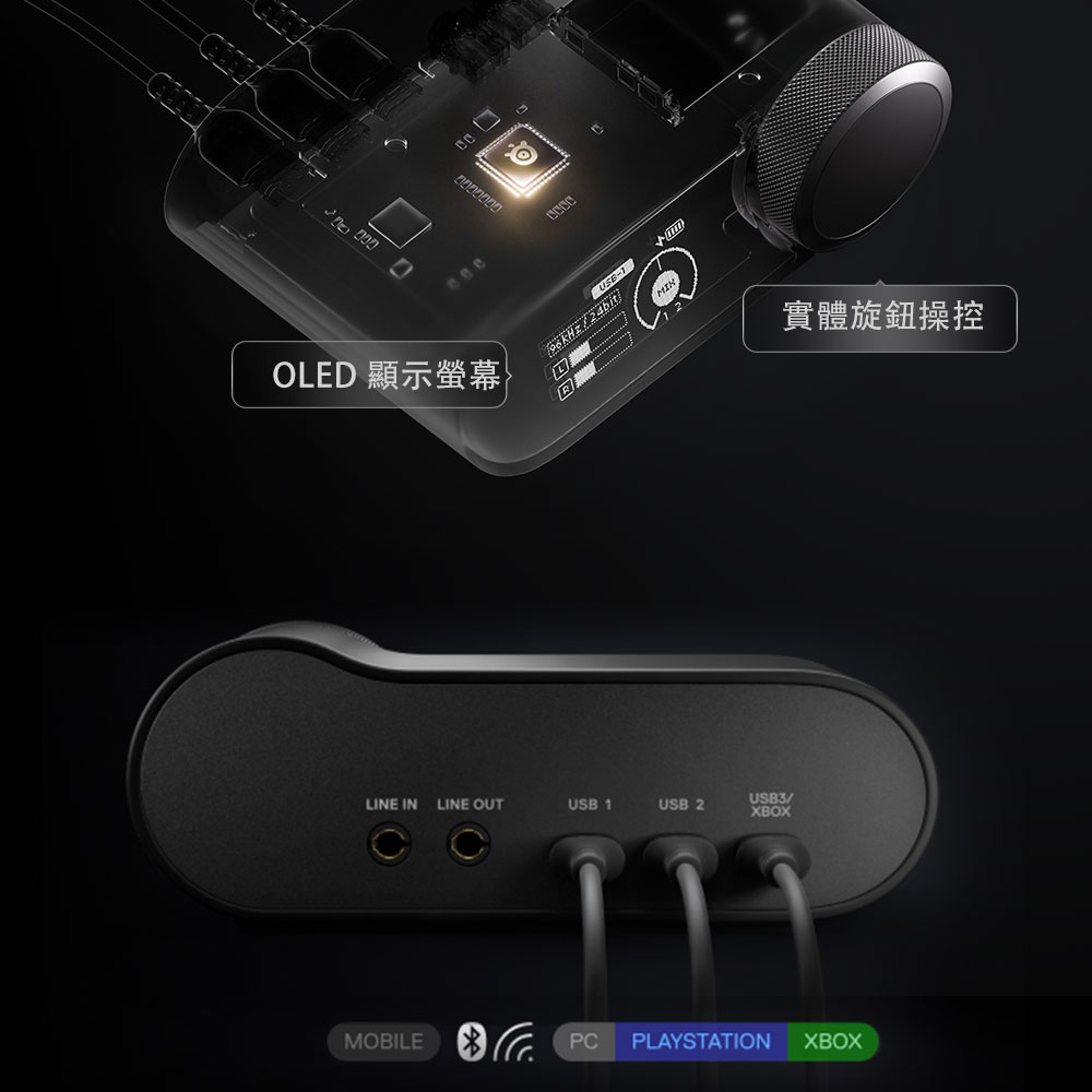 OLED 顯示螢幕USB-24bitMIN12LINE IN LINE OUTUSB 1USB 2USB3XBOXMOBILEPCPLAYSTATIONXBOX實體旋鈕操控