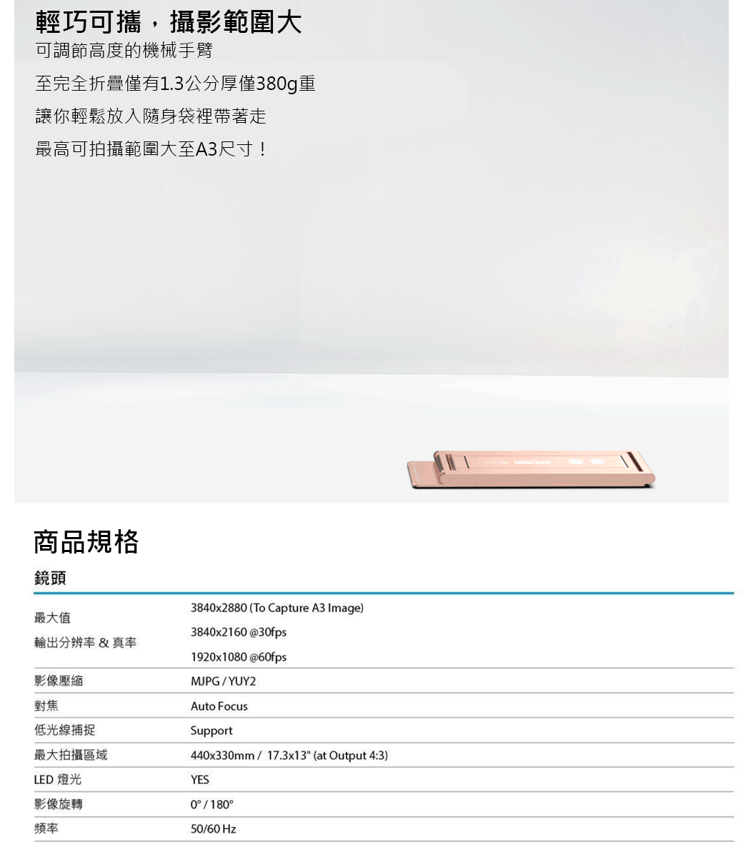 輕巧可攜,攝影範圍大可調節高度的機械手臂至完全折疊僅有1.3公分厚僅380g重讓你輕鬆放入隨身袋裡帶著走最高可拍攝範圍大至A3尺寸!商品規格鏡頭3840x2880 (To Capture A3 Image)最大值輸出分辨率&真率影像壓縮對焦低光線捕捉最大拍攝區域LED 燈光影像旋轉頻率3840x2160@30fps1920x1080 @60fpsMJPG/YUY2Auto FocusSupport440x330mm/17.3x13 (at Output 4:3)YES0/18050/60 Hz