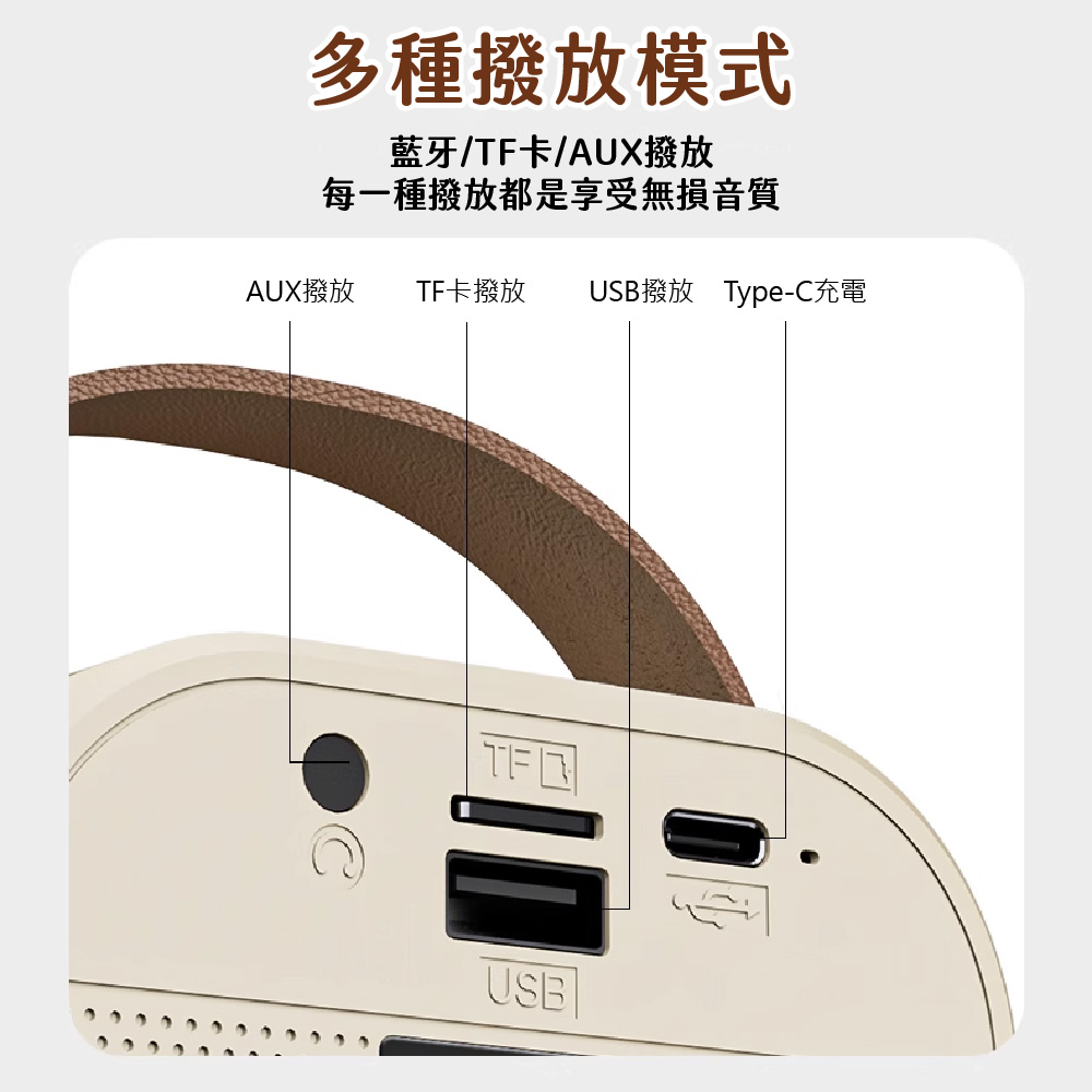 多種撥放模式藍牙/TF卡/AUX撥放每一種撥放都是享受無損音質AUX撥放 TF卡撥放USB撥放 Type-C充電USE