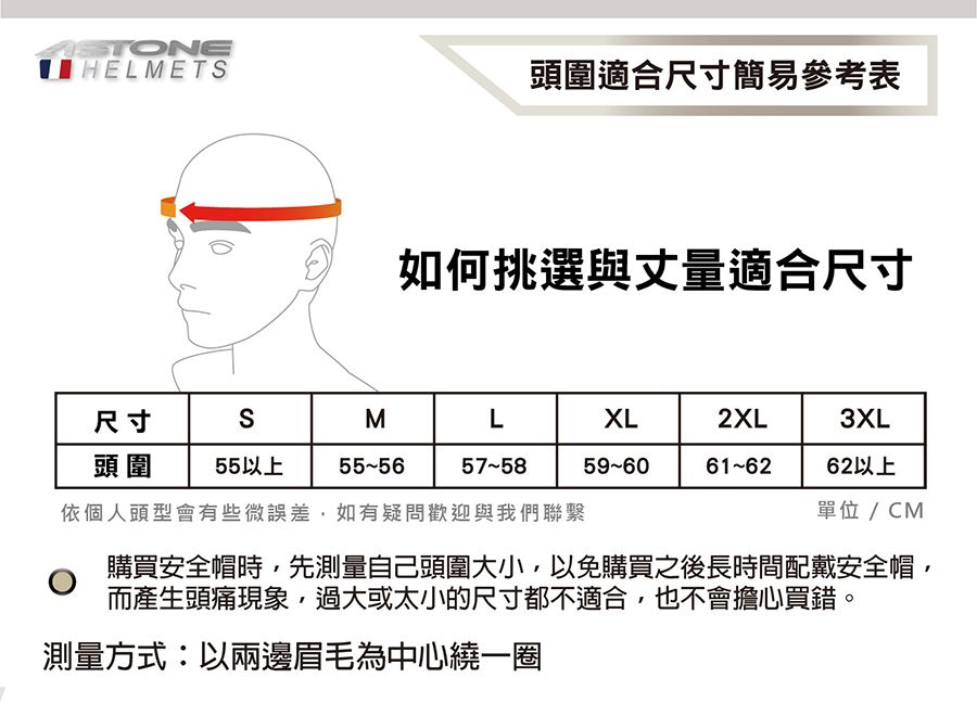 TONEHELMETS頭圍適合尺寸簡易參考表如何挑選與丈量適合尺寸尺寸SMLXL2XL3XL頭圍55以上55-5657-5859-6062以上依個人頭型會有些微誤差,如有疑問歡迎與我們聯繫單位/CM購買安全帽時,先測量自己頭圍大小,以免購買之後長時間配戴安全帽,而產生頭痛現象,過大或太小的尺寸都不適合,也不會擔心買錯。測量方式:以兩邊眉毛為中心繞一圈