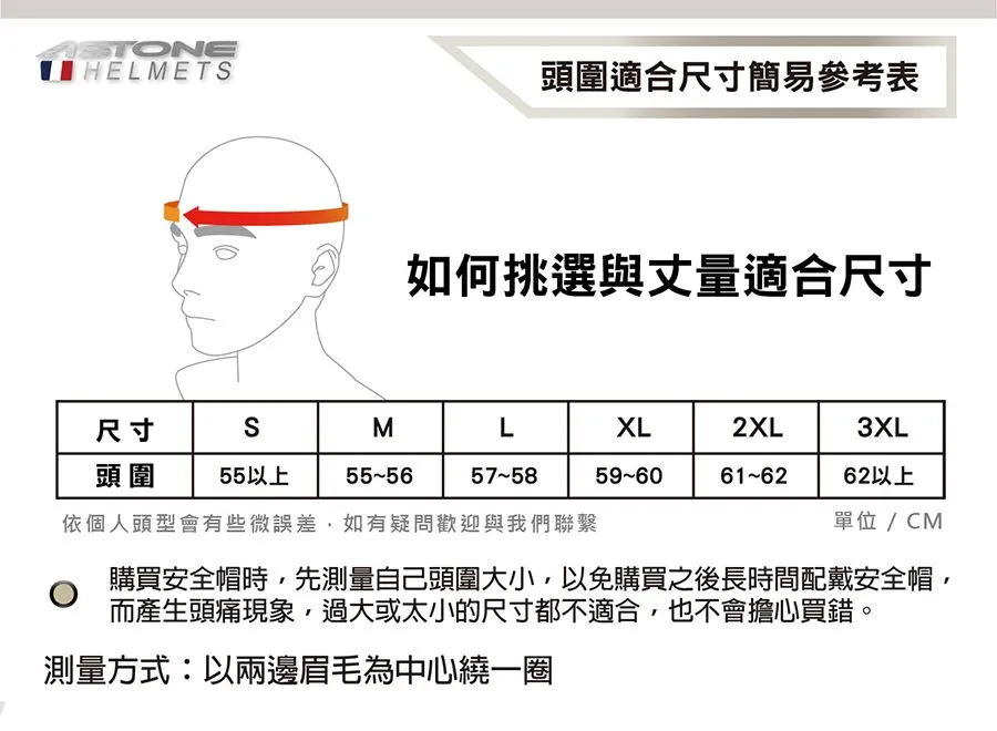 TONEHELMETS頭圍適合尺寸簡易參考表如何挑選與丈量適合尺寸尺寸SML2XL3XL頭圍55以上55-5657-5859-6062以上依個人頭型會有些微誤差,如有疑問歡迎與我們聯繫單位/CM購買安全帽時,先測量自己頭圍大小,以免購買之後長時間配戴安全帽,而產生頭痛現象,過大或太小的尺寸都不適合,也不會擔心買錯。測量方式:以兩邊眉毛為中心繞一圈