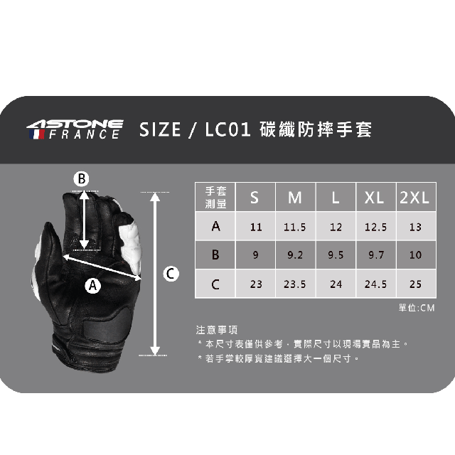 FRANEBIZE  手套SM測量LXL 2XLA1111.51212.5B99.29.59.710AC2323.5 2424.525單位:CM注意事項 本尺寸表僅供參考,實際尺寸以現場實品為主。* 若手掌厚實建議選擇大一個尺寸。
