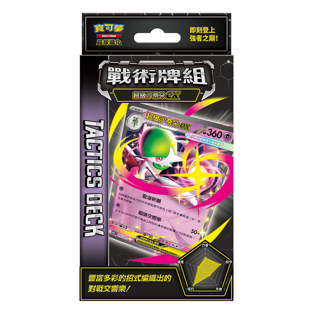 即刻登上無式強者之!級戰術牌組TACTICS DECK超級沙奈 360 沙奈超盈溢祈願從牌附自己的所有1張基本卡並洗牌超級交響樂造成自己的所有夢身上附加的能量的數量50點傷害。  -30ex超級進化可 豐富多彩的招式編織出的對戰交響樂!速度防守技巧平衡