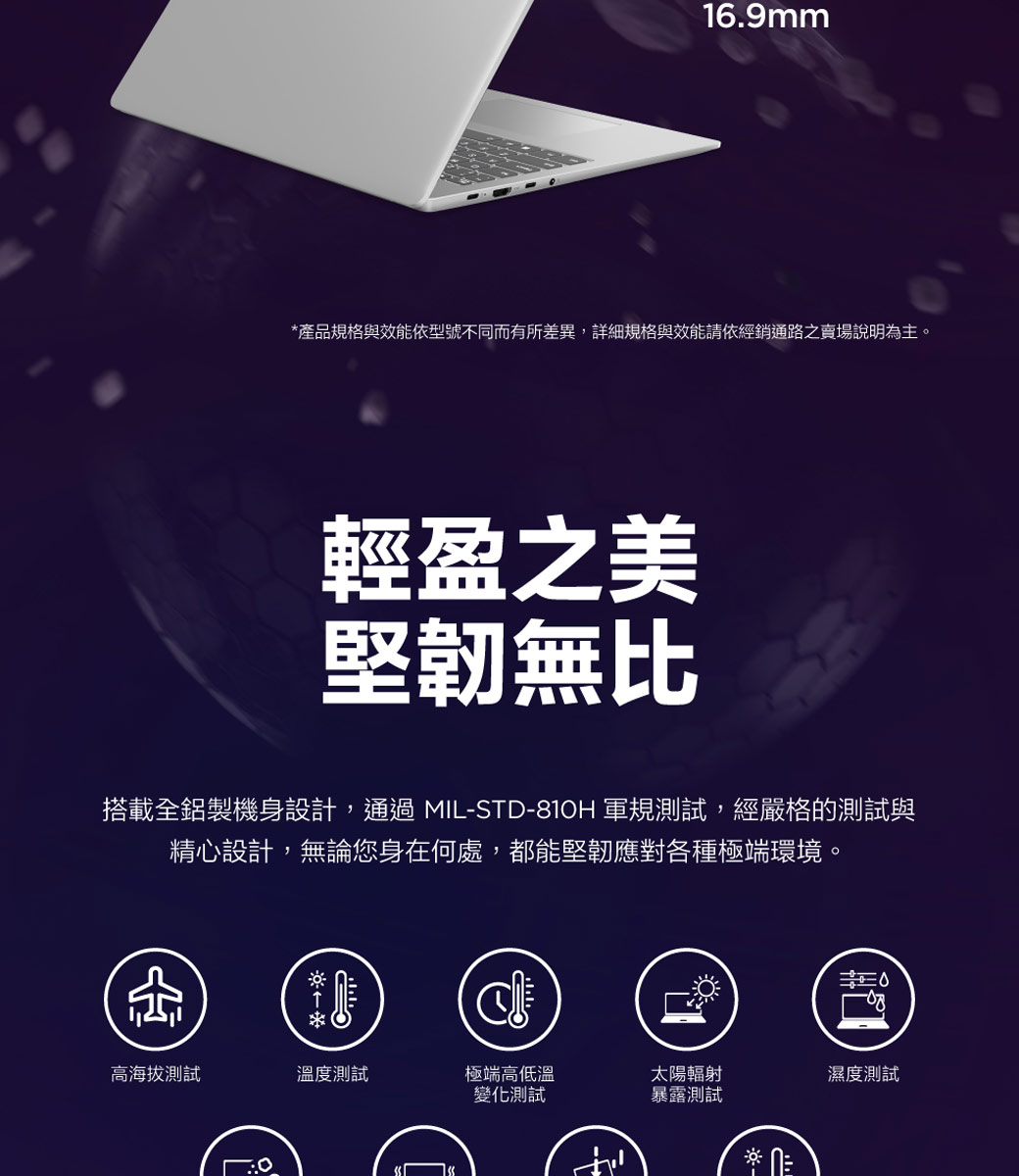 16.9mm產品規格與效能依型號不同而有所差異,詳細規格與效能請依經銷通路之賣場說明為主。輕盈之美堅韌無比搭載全鋁製機身設計,通過MIL-STD- 軍規測試,經嚴格的測試與精心設計,無論您身在何處,都能堅韌應對各種極端環境。*高海拔測試溫度測試極端高低溫變化測試太陽輻射暴露測試濕度測試