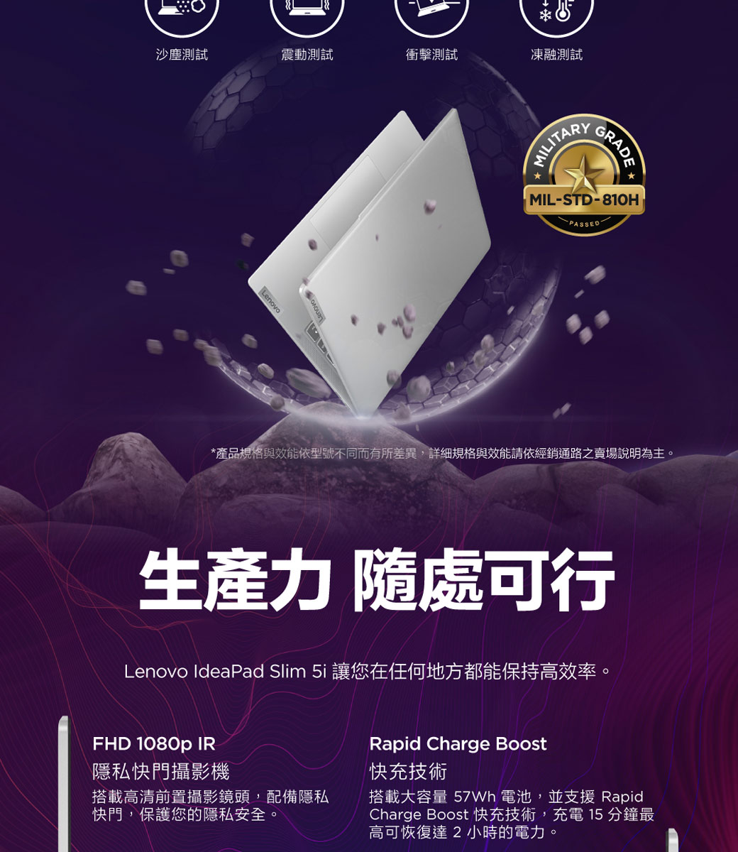 沙塵測試震動測試衝擊測試凍融測試LenovoLenovoMILITARYGRADEMIL-STD-810HPASSED*產品規格與效能依型號不同而有所差異,詳細規格與效能請依經銷通路之賣場說明為主。生產力 隨處可行Lenovo IdeaPad Slim 5i 讓您在任何地方都能保持高效率。FHD 1080p IR隱私快門攝影機搭載高清前置攝影鏡頭,配備隱私快門,保護您的隱私安全。Rapid Charge Boost快充技術搭載大容量 57Wh 電池,並支援 RapidCharge Boost 快充技術,充電 15 分鐘最高可恢復達2小時的電力。