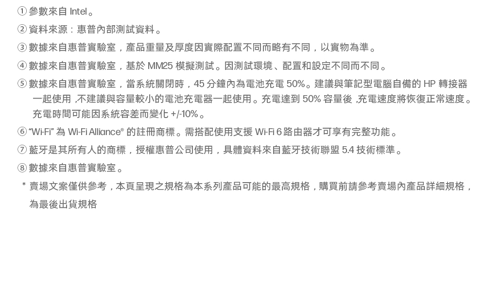 ①參數來自 Intel。②資料來源:惠普部測試資料。③數據來自惠普實驗室,產品重量及厚度因實際配置不同而略有不同,以實物為準。④數據來自惠普實驗室,基於MM25 模擬測試。因測試環境、配置和設定不同而不同。數據來自惠普實驗室,當系統關閉時,45分鐘內為電池充電50%。建議與筆記型電腦自備的 HP 轉接器一起使用,不建議與容量較小的電池充電器一起使用。充電達到50%容量後,充電速度將恢復正常速度。充電時間可能因系統容差而變化+/-10%。Wi-Fi”為Wi-Fi Alliance 的註冊商標。需搭配使用支援Wi-Fi6路由器才可享有完整功能。藍牙是其所有人的商標,授權惠普公司使用,具體資料來自藍牙技術聯盟5.4技術標準。數據來自惠普實驗室。* 賣場文案僅供參考,本頁呈現之規格為本系列產品可能的最高規格,購買前請參考賣場內產品詳細規格,為最後出貨規格