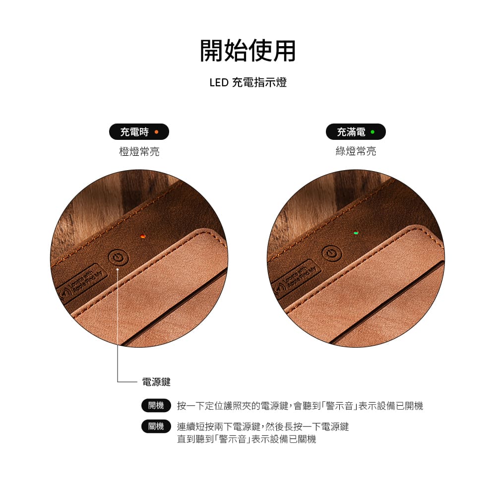 充電時橙燈常亮開始使用LED 充電指示燈充滿電。綠燈常亮電源鍵開機 一下定位護照夾的電源鍵,會聽到警示音表示設備已開機關機連續短按兩下電源鍵,然後長按一下電源鍵直到聽到「警示音」表示設備已關機