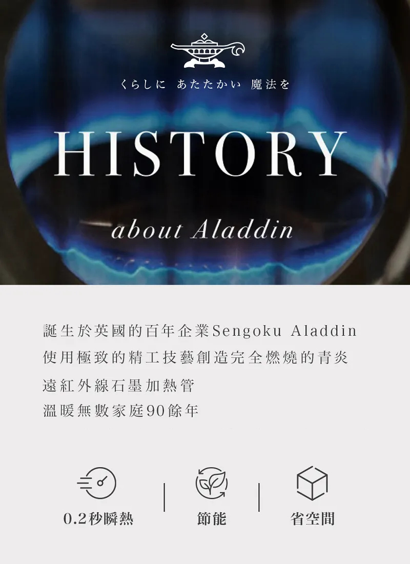 くらしにあたたかい 魔法をHISTORYabout Aladdin誕生於英國的百年企業Sengoku Aladdin使用極致的精工技藝創造完全燃燒的青炎遠紅外線石墨加熱管溫暖無數家庭90餘年0.2秒瞬熱節能省空間