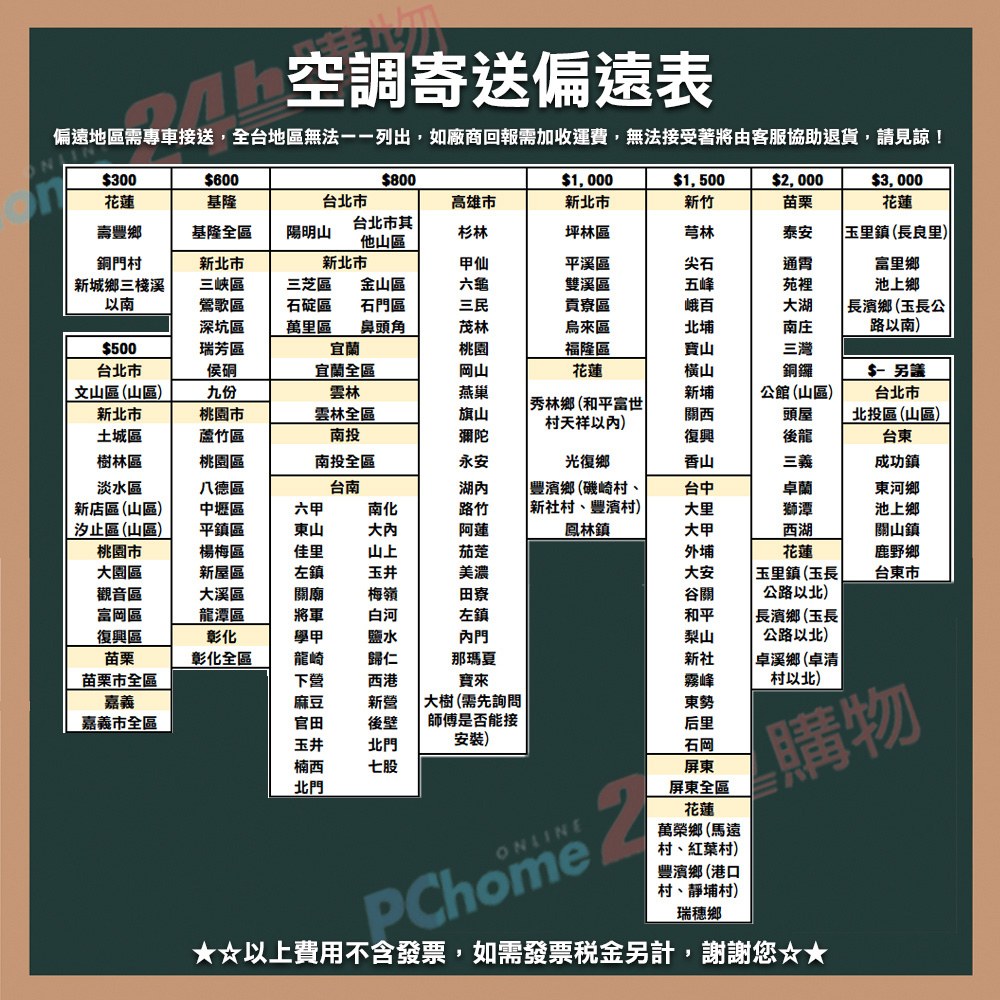 偏遠地區需車接送,全台地區無法列出,廠商回報需加收運費,無法接受著將由客服協助退貨,請見諒!如專 空調寄送偏遠表300$600$800$1,000$1,500$,000$3,000花蓮基隆台北市高雄市新北市新竹苗栗花蓮壽豐鄉基隆全區陽明山台北市其他山區杉林坪林區芎林泰安玉里鎮(長良里銅門村新北市新北市甲仙平溪區新城鄉三棧溪三峽區三芝區以南鶯歌區石碇區金山區石門區六龜雙溪區三民貢寮區尖石五峰峨百通霄富里鄉苑裡大湖池上鄉長濱鄉(玉長公深坑區萬里區$500瑞芳區鼻頭角宜蘭茂林烏來區北埔南庄路以南)台北市侯硐宜蘭全區桃園岡山福隆區花蓮寶山橫山三灣銅鑼$ 議文山區(山區)九份雲林燕巢新埔公館(山區)台北市新北市桃園市雲林全區旗山 鄉(和平富世村天祥)西頭屋北投區(山區)土城區蘆竹區南投彌陀復興後龍台東樹林區桃園區南投全區淡水區新店區 (山區)八德區台南永安湖光復鄉香山豐濱鄉(磯崎村、台中中壢區六甲汐止區(山區)平鎮區東山南化大路竹 新社村、豐濱村)大里阿蓮鳳林鎮大甲三義卓蘭獅潭西湖成功鎮桃園市楊梅區佳里山上大園區新屋區左鎮觀音區富岡區大溪區龍潭區關廟玉井梅嶺茄萣美濃外埔大安將軍復興區苗栗苗栗市全區彰化學甲彰化全區龍崎白河鹽水歸仁田寮左鎮內門那瑪夏谷關花蓮玉里鎮(玉長公路以北)東河鄉池上鄉關山鎮鹿野鄉台東市和平長濱鄉(玉長梨山公路以北)嘉義嘉義市全區下營麻豆官田玉井楠西北門西港新營後壁北門七股寶來新社霧峰卓溪鄉(卓清大樹 (需先詢問師傅是否能接安裝)東勢后里石岡屏東屏東全區村以北)購物PChome 2花蓮萬榮鄉 (馬遠村、紅葉村)豐濱鄉(港口村、埔村)瑞穗鄉★以上費用不含發票,如需發票稅金另計,謝謝您☆★