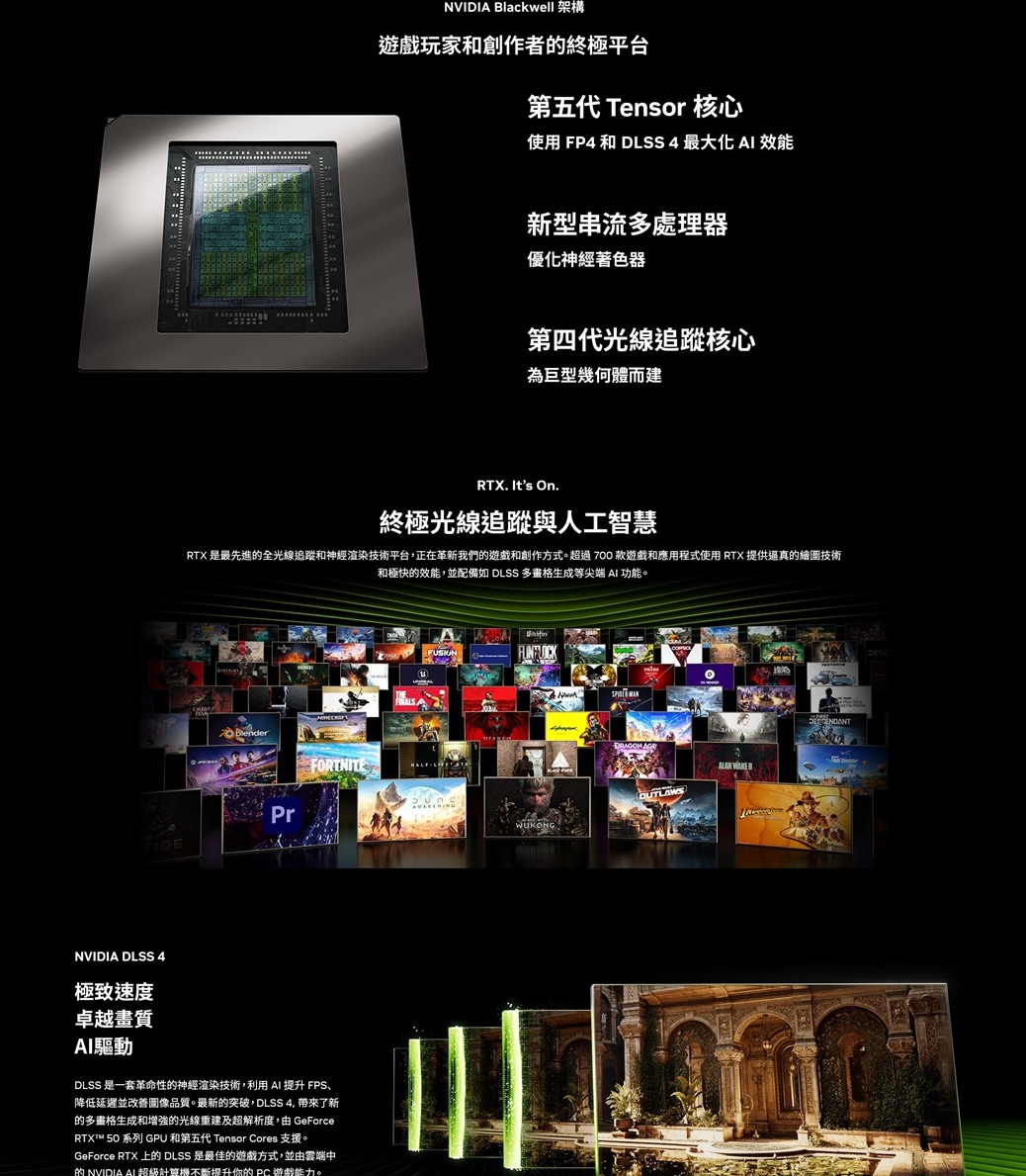 NVIDIA Blackwell 架構玩家和創作者終極平台第五代 Tensor 核心使用 FP4 和 DLSS 4 最大化 效能新型串流多處理器優化神經著色器第四代光線追蹤核心為巨型幾何體而建RTX Its On.終極光線追蹤與人工智慧RTX 是最先進的全光線追蹤和神經渲染技術平台,正在革新我們的遊戲和創作方式。超過700 款遊戲和應用程式使用 RTX 提供逼真的繪圖技術和極快的效能,並配備如 DLSS 多畫格生成等尖端 AI 功能。PrTIDEFORTNITENVIDIA DLSS 4極致速度卓越畫質AI驅動DLSS 是一套革命性的神經渲染技術,利用AI 提升 FPS、降低延遲並改善圖像品質。最新的突破,DLSS 了新的多畫格生成和增強的光線重建及超解析度,由 GeForceRTXT 50 系列 GPU 和第五代 Tensor Cores 支援。GeForce RTX 上的 DLSS 是最佳的遊戲方式,並由雲端中的 NVIDIA AI 計算機不斷提升你的 遊戲。WUKONGDRAGON OUTLAWS