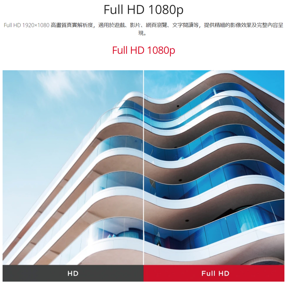 Full HD 1080pFull HD 1920×1080 高畫質真實解析度,適用於遊戲、影片、網頁瀏覽、文字閱讀等,提供精細的影像效果及完整內容呈現。Full HD 1080pHDFull HD