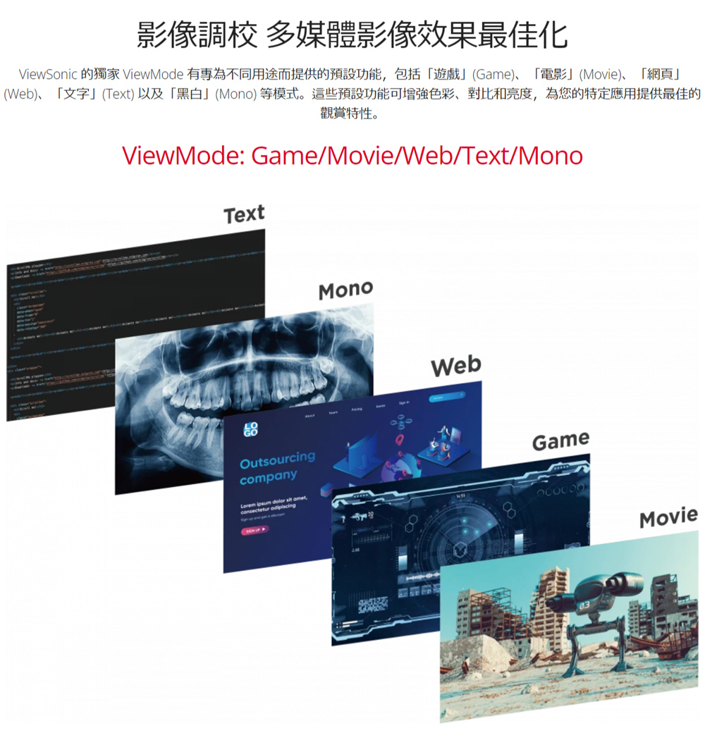 影像調校 多媒體影像效果最佳化ViewSonic 的獨家 ViewMode 有為不同用途而提供的預設功能包括「(Game)、「電影」(Movie)、「網頁」(Web)、「文字」(Text)以及「黑白」(Mono)等模式。這些預設功能可增強色彩、對比和亮度,為您的特定應用提供最佳的觀賞特性。ViewMode: Game/Movie/Web/Text/MonoTextOutsourcingcompany   sit ,consectetur MonoWebGameMovie