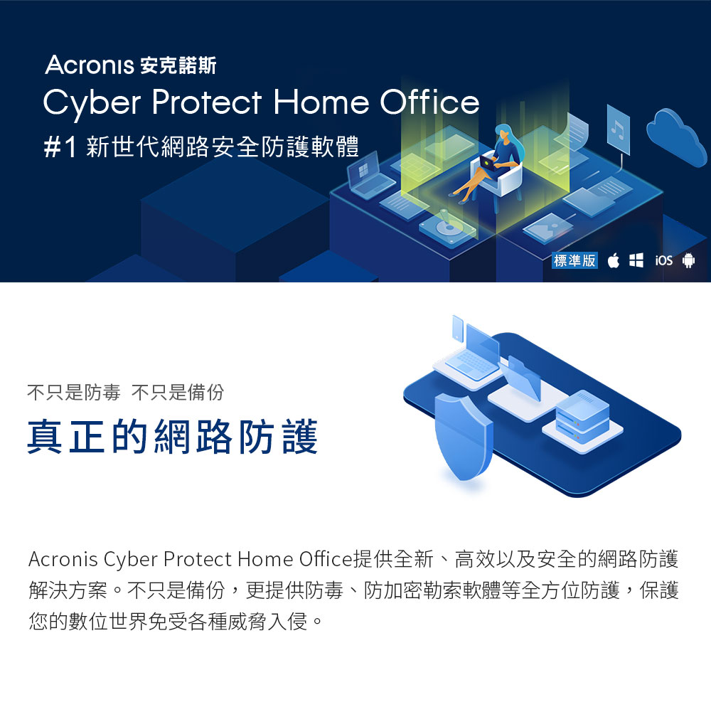 Acronis 安克諾斯Cyber Protect Home Office#1 新世代網路安全防護軟體不只是防毒 不只是備份真正的網路防護標準版Acronis Cyber Protect Home Office提供全新、高效以及安全的網路防護解決方案。不只是備份,更提供防毒、防加密勒索軟體等全方位防護,保護您的數位世界免受各種威脅入侵。