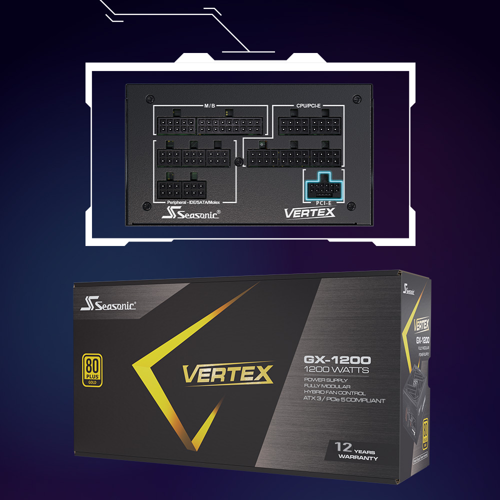 SeasonicMBCPUPCIEPeripheral-IDE/SATA/SeasonicPCI-EVERTEX80PLUSGOLDVERTEX- WATTSPOWER SUPPLYFULLY MODULARHYBRID FAN CONTROLATX3/ 5 COMPLIANTGX-120012 YEARSWARRANTY