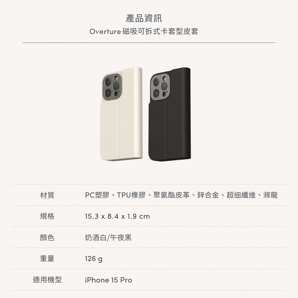 產品資訊Overture 磁吸可拆式卡套型皮套PC塑膠、TPU橡膠、聚氨酯皮革、鋅合金、超細、滌龍15.3 x 8.4 x 1.9 cm材質規格顏色奶酒白/午夜黑重量126g 適用機型iPhone 15 Pro