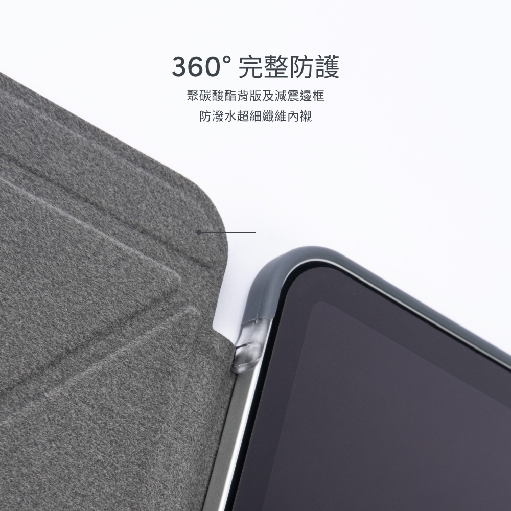 360°完整防護聚碳酸酯背版及減震邊框防潑水超細纖維內襯