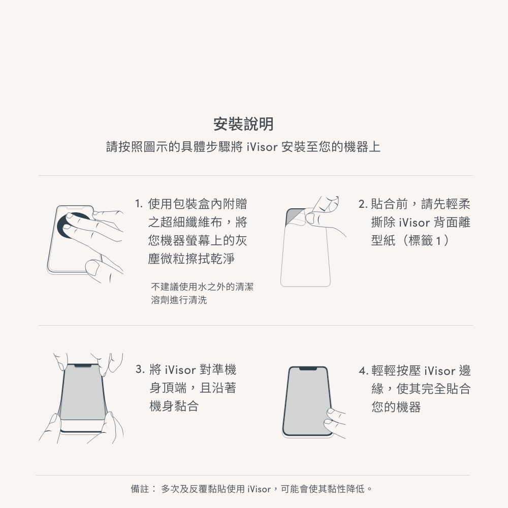 安裝說明請按照圖示的具體步驟將ivisor 安裝至您的機器上1. 使用包裝盒內附贈之超細纖維布,將您機器螢幕上的灰塵微粒擦拭乾淨不建議使用水之外的清潔溶劑進行清洗2. 貼合前,請先輕柔撕除 iVisor 背面離型紙(標籤1)3. 將ivisor 對準機身頂端,且沿著機身黏合4.輕輕按壓 iVisor邊緣,使其完全貼合您的機器備註:多次及反覆黏貼使用ivisor,可能會使其黏性降低。